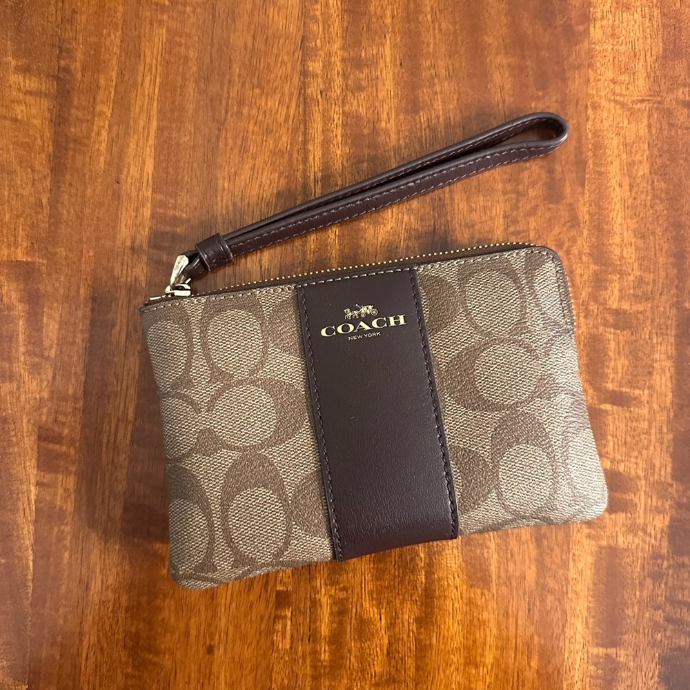 Coach Signature Tan and Brown Wristlet